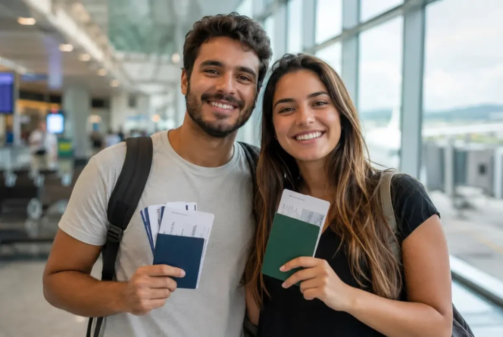 Casal viajando com seguro viagem contratado pela Camargo Corretora de Seguros em 2026