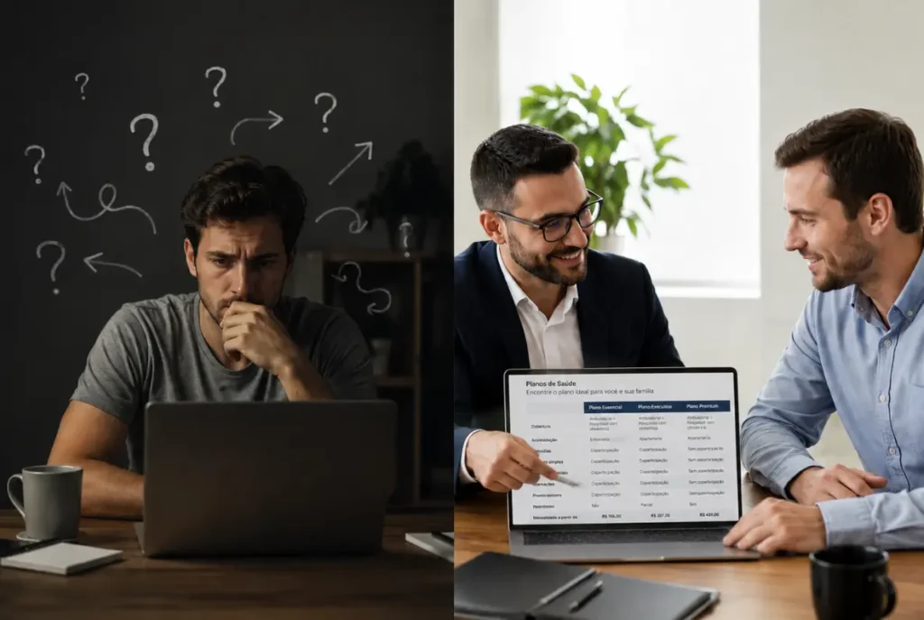Corretor de plano de saúde explicando opções para um cliente em vez de ele escolher sozinho - Camargo Corretora de Seguros e Planos de Saude em São Paulo e Goiânia