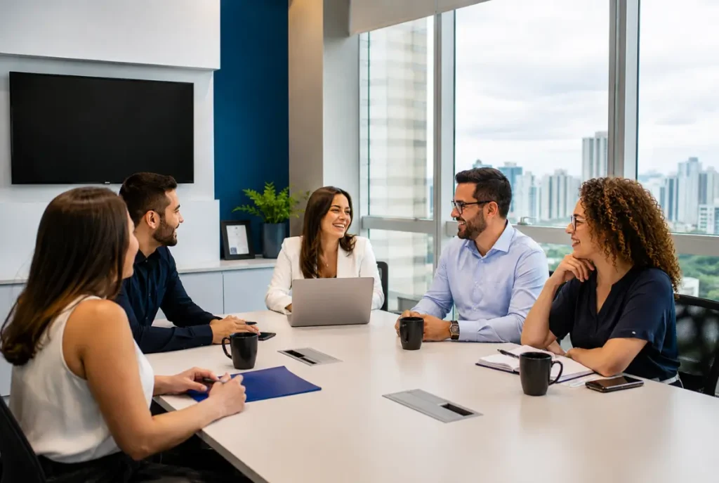 Equipe de empresa em Goiânia reunida representando a importância do plano Hapvida empresarial para os colaboradores - Camargo Corretora de Seguros e Planos de Saúde