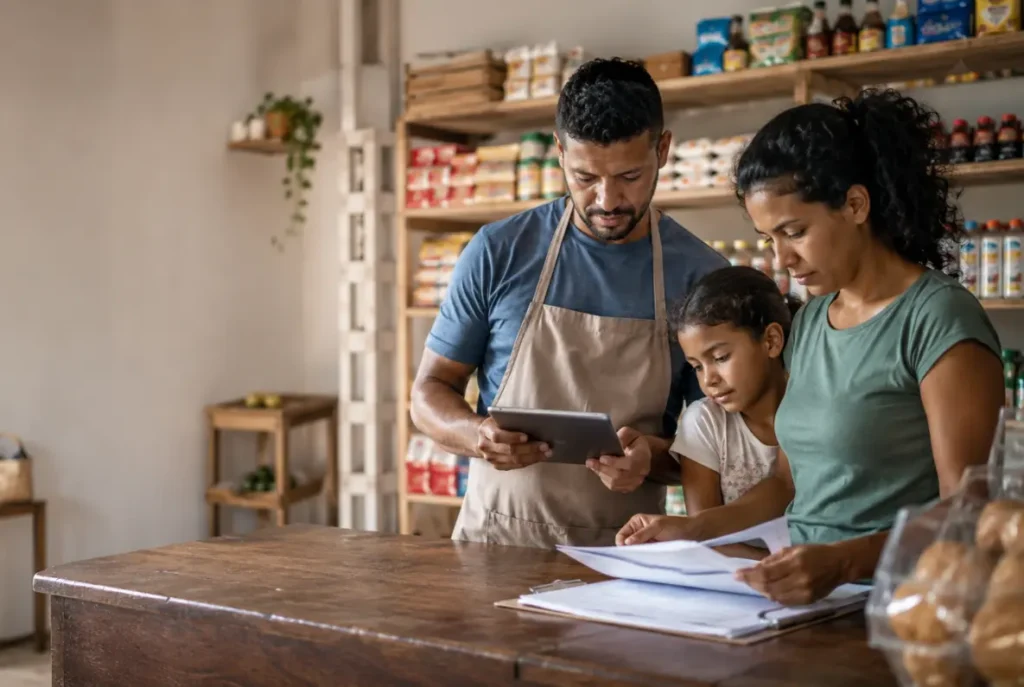 Família de pequenos empreendedores pesquisa opções de microsseguro para proteger o negócio e a renda familiar. - Camargo Corretora de Seguro e Planos de Saúde