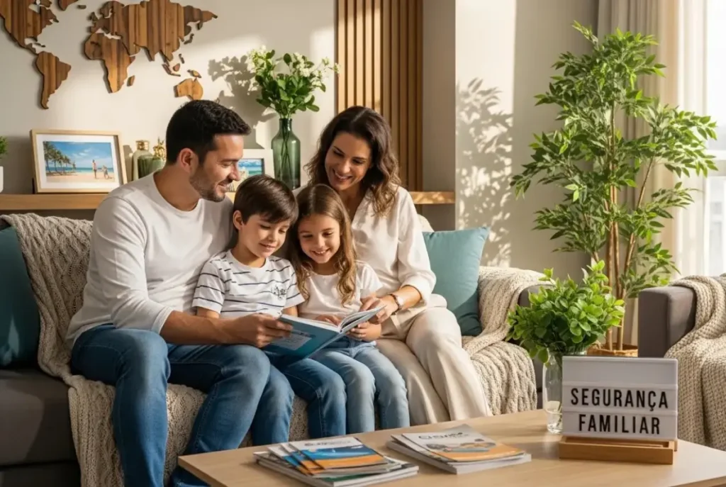 Família protegida com seguro de vida em Goiânia — casal e filhos em ambiente acolhedor - Camargo Corretora de Seguros e Planos de Saúde em Goiânia