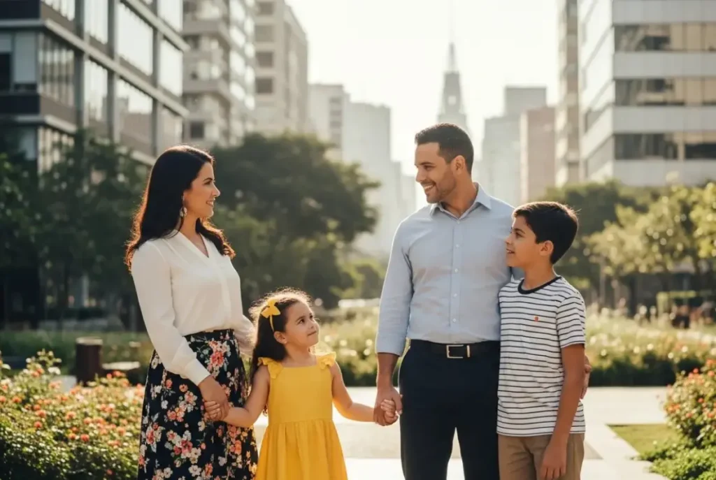 Família protegida com seguro de vida em São Paulo — casal e filhos em ambiente acolhedor - Camargo Corretora de Seguros e Planos de Saúde em São Paulo