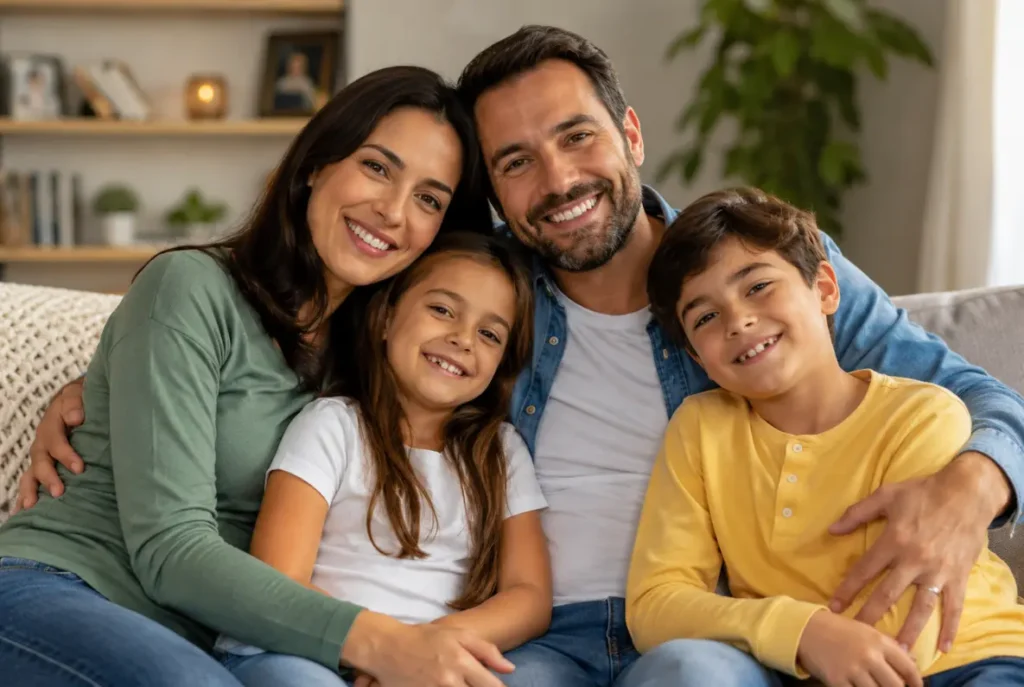 Família reunida e abraçada representando a proteção de um seguro de vida - Camargo Corretora de Seguros e Planos de Saúde
