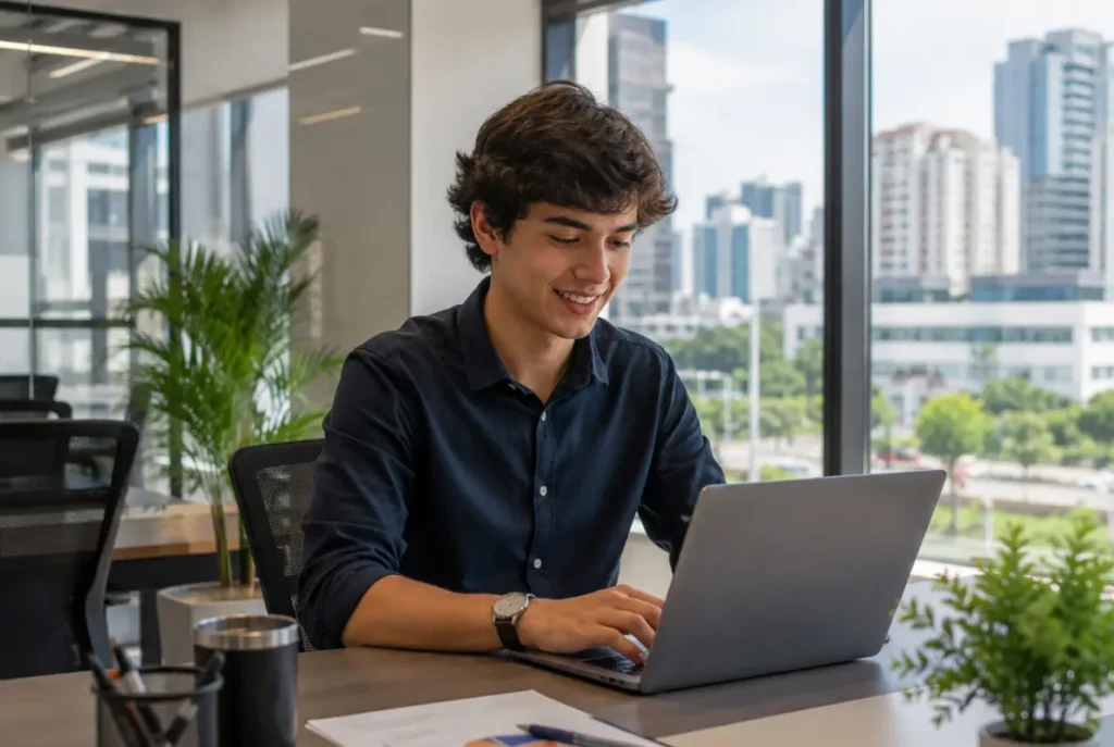 Jovem estagiário em ambiente de trabalho protegido com seguro para estagiário contratado pela Camargo Corretora