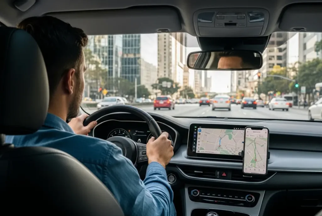 Motorista de aplicativo ao volante usando seguro de carro para motorista de aplicativo adequado - Camargo Corretora de Seguros e Planos de Saúde